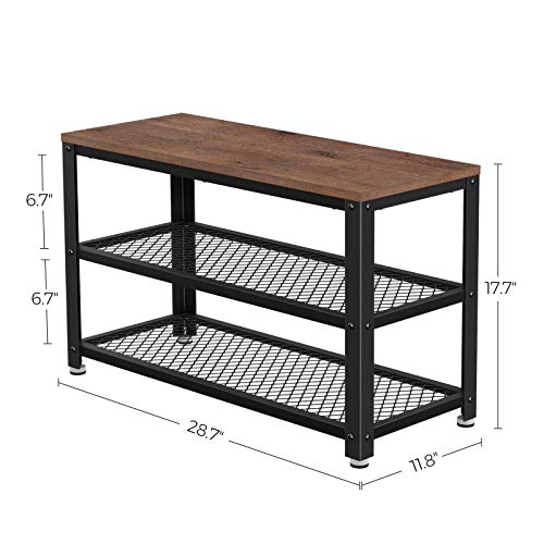 VASAGLE 3-Tier Shoe Rack, Shelf Storage Bench with Metal Mesh Shelves and Seat, Free Standing Shoe Organizer for Entryway, 11.8 x 28.7 x 17.7 Inches, Hazelnut Brown and Black ULBS073B03 - color: Hazelnut Brown + Black, size: 28.7"W x 17.7"H, style: Bench
