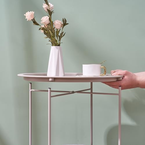 VECELO Round Side/End Table with Fabric Storage Basket，Metal Anti-Rust and Waterproof Small Bedside Nightstand with Removable Tray Top for Living Room，Balcony & Laundry，Grey /1pcs with Basket - color: Grey, size: 1 PCS