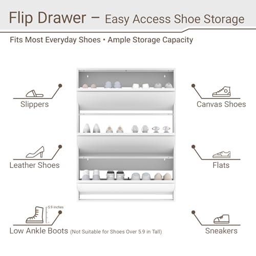 Shoe Cabinet with 3 Flip Drawers, Slim Metal Wall-Mounted Shoe Storage Organizer for Entryway, Hallway, Mudroom, Hidden Narrow Rack, White - style: 3 Flip Drawers