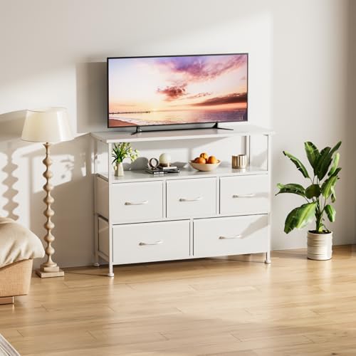 Simple Deluxe TV Stand Dresser for Bedroom Entertainment Center with 5 Fabric Drawers, Storage Organizers Units for Living Room, Media Console Table with Open Shelf up for 45" TV, White, Wood top - color: White, size: 39.3"D x 11.8"W x 31.8"H (5 Drawers)