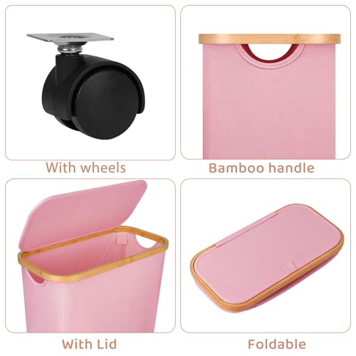 Slim Laundry Basket with Wheels,Narrow Hampers for Laundry,Freestanding Laundry Hamper with Lid&Bamboo Handles,Collapsible & Waterproof Tall Cloth Hamper for Dorm Family(60L Pink) - color: Pink, size: 60L with Wheels