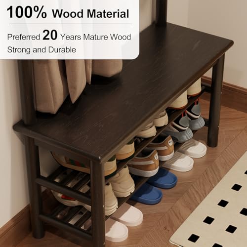 AQIMUELE Coat Rack with Shoe Storage, Wooden Hall Tree with Bench, 11 Hooks and 2-Tier Storage Shelves, 3-in-1, Entryway Bench with Coat Rack (31.5"-Deep Black) - color: Black, size: 31.5"