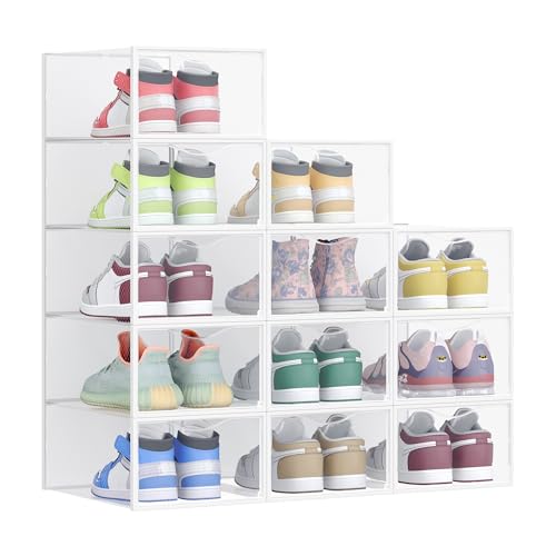SONGMICS Shoe Boxes, Shoe Storage Organizers Rack for Closet, Plastic Stackable Sneaker Containers Case, 12 Pack, Transparent and Cloud White ULSP312W01 - color: Transparent + Cloud White, size: 12 Count Fit Size 11