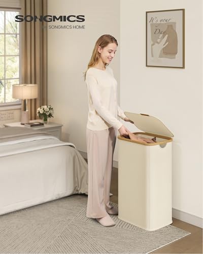 SONGMICS Laundry Hamper, Laundry Basket with Lid, Foldable Storage Basket, Bamboo Frame, for Bedroom, Living Room, Oxford Fabric, 26.4 Gal. (100 L), Cream White ULCB518WD01 - color: Cream White, size: 100 L (1-Section)