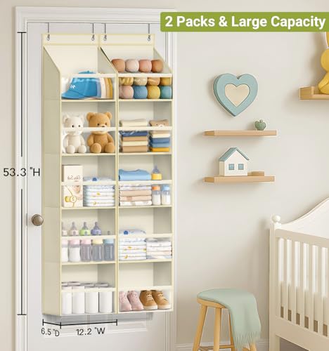 AOODA 2 Pack Over the Door Organizer, Large Capacity Closet Door Hanging Organizer, Clear Deep Pockets Baby Storage for Nursery, Bathroom, Bedroom, Pantry, Diapers (Light Yellow) - color: Light Beige, size: 2 Packs