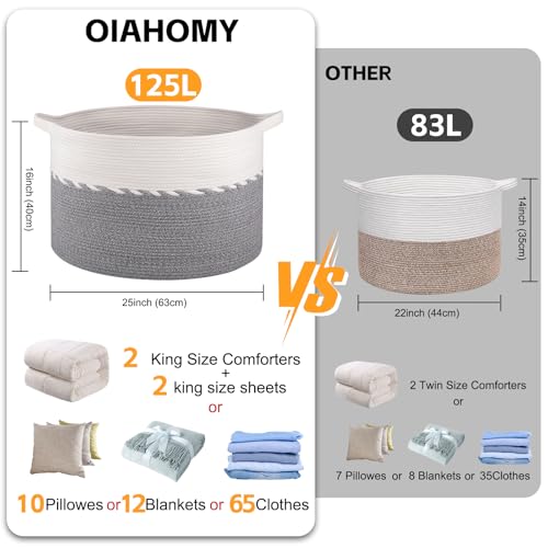OIAHOMY 125L Extra Large Blanket Basket, 25" x 16", Jumbo Laundry Hamper, Cotton Rope Basket with Handles for Living Room,Baby Toy Basket for Storage, Grey - color: Grey, size: 25" x 25" x 16"