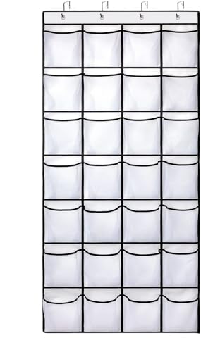 28 Large Pockets Over The Door Shoe Organizer, Hanging Shoe Organizer for Closet, Premium Clear Shoe Rack for Door, Shoes Hanger Organizers Storage Holder for Back of Door and 4 Metal Hook White - color: White, size: 28 Pockets