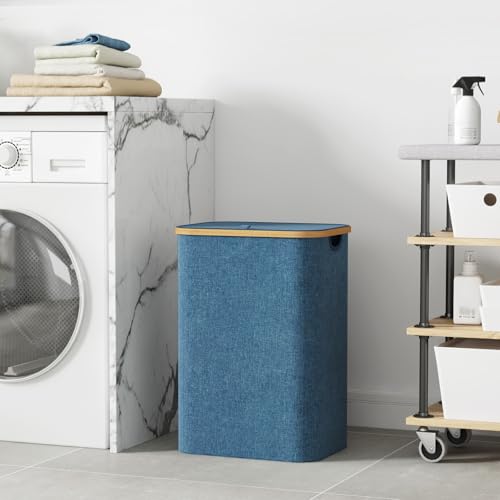 Lifewit 80L Laundry Basket with Lid, Clothes Hampers for Laundry with Bamboo Handles and 1 Removable Bag, Large Foldable Laundry Hamper for Bedroom, Bathroom, Dorm, Laundry Room, Dark Blue - color: Dark Blue, size: 80L