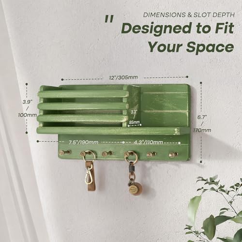 Rebee Vision Pine Wood Key Holder Wall Mount for Room Decor– 6 Hooks for Umbrella & Hats - Wooden Key Holder for Wall with Mail Slot Can Store Letters and Postcard (Green) - color: Green