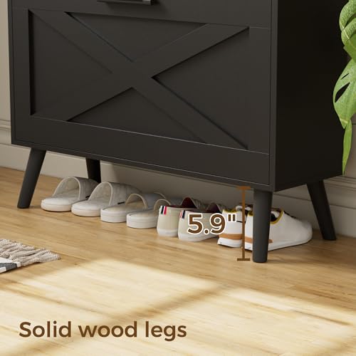 Homleke 32" W Farmhouse Shoe Storage Cabinet with 2 Flip Drawers and Barn Door Design, Adjustable Shelves, Modern Hidden Slim Narrow Shoe Rack Cabinet for Entryway, Foyer, Hallway, Living Room, Black
