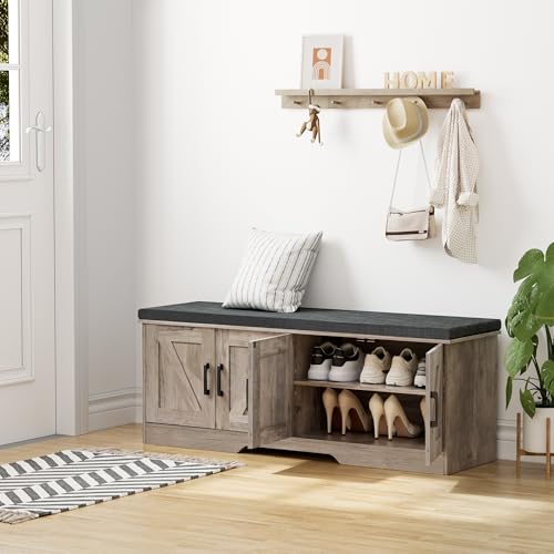 HOMSHO 2-Tier Storage Bench, 47.2" Wide Shoe Bench with Padded Seat Cushion, Entryway Bench with 4 Barn Doors and Adjustable Shelf, Greige - color: Greige, size: 47.2" Wide