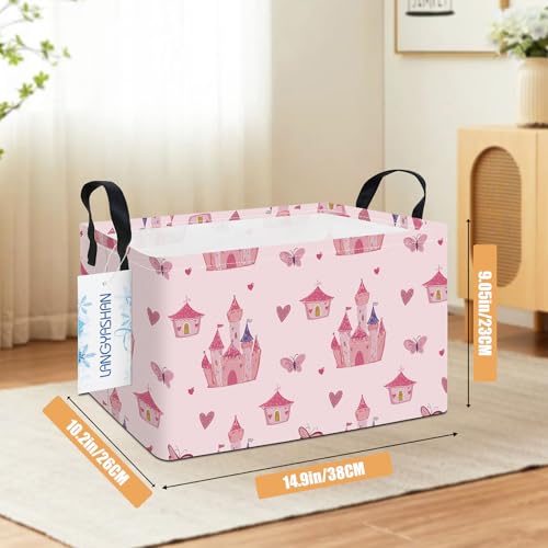 LANGYASHAN Rectangular Girl Storage Bin Collapse Canvas Fabric Cartoon Storage Basket with Handles for Organizing Home Kitchen Boys and Girls Toys Office Closet Shelf Baskets (Rec Pink Castle) - color: Rec Pink Castle