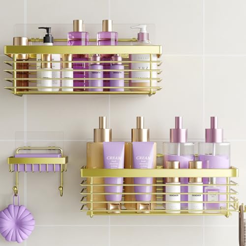 ODesign Shower Caddy 3 Pack SUS304 Stainless Steel-No Drilling-Shower Bathroom Shelves Rack,Rustproof Wall Mounted,Adhesive Shower Shelf Basket Organizer-Golden - color: Golden