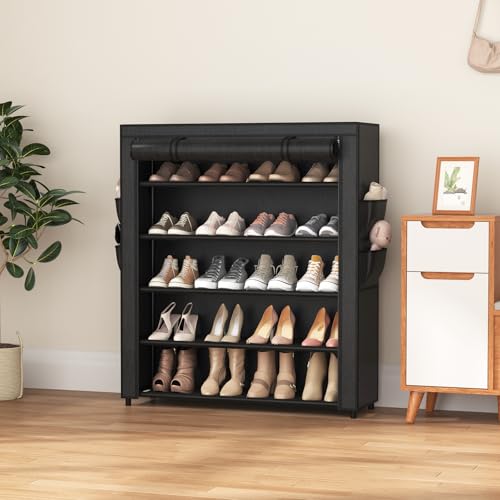 VILICK Shoe Rack with Cover, 5 Tier Shoe Organizer Storage for 20-24 Pair Shoes and Boots Large Shoe Storage Shelf Space Saving Vertical Shoe Rack for Closet, Front Door Entrance, Dorm, Garage - color: Black, size: 33.8"W-5 Tier