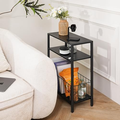 Yoobure Narrow Side Table with Storage Basket, Small End Table for Small Spaces, Skinny Side Tables Living Room Bedroom Office, Slim Nightstand 3 Tier Bedside Table Space-Saving for Magazine, Black - color: Black
