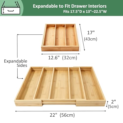 Utoplike Bamboo Expandable Kitchen Drawer Organizer, Adjustable Utensil Holder and Cutlery Tray Organiser, Drawer Divider for Silverware, Flatware, Knives in Kitchen, Bedroom, Living Room, 5 Slot - color: Natural, size: Large