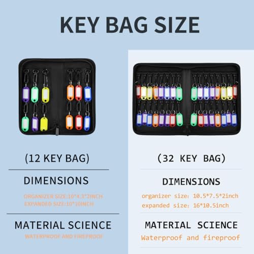Fireproof and Waterproof Portable Zippered Key Case,12 Key Hooks Key Organizer with Key Tags,Portable Manager Zipper Key Binder for Hotel Executives,Real Estate Sales,Car Service - size: 12 Keys