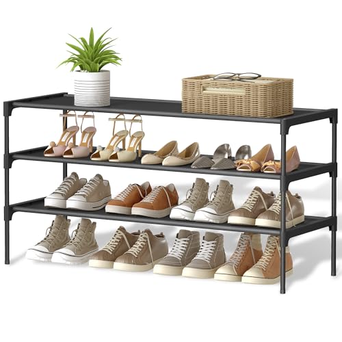 SONGMICS Shoe Rack, 3-Tier Shoe Storage Organizer, Space-Saving, 11.7 x 36.1 x 21 Inches, Entryway, Metal Frame, Non-Woven Fabric Shelves, Ink Black ULSH033BH01 - color: Ink Black, size: 3 Tiers (36.1"W)