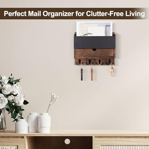 Mail and Key Holder Wall Mount with Storage Drawer – Modern Wooden Mail Organizer for Wall Entryway, 7 Key Hooks & Chalkboard Panel – Stylish Home Decor for Apartments, Living Room, Office - color: Brown