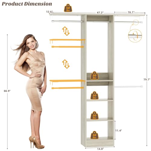 Cyclysio 4FT Small Closet System, 80"H Closet Organizer System with 4 Closets Rods & 3 Shelves, 48" Closets Organizers and Storage for Small Bedrooms, Laundry Rooms, Cloakrooms, White Oak - color: White Oak