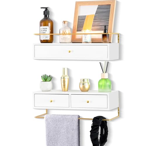 Dreampossible Floating Shelves With Drawers Set of 2 - Wall Mounted Storage for Bathroom, Living Room, Kitchen - Rustic Wood Wall Decor for Plants, Books - color: White, size: 15.8 Inch Long