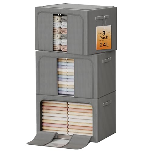 Clothes Storage Bins with Metal Frame, Foldable Clothes Organizers Storage Containers for Clothes, Sheets, Blankets, Pillows and Towels (24L, 3 Pack, Deep Grey) - color: dark gray, size: 24L（15.7“X11.81"X7.87")