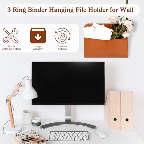 Wall Mount Brown PU Leather Letter Holder 9.8" x 7.7" x 1.4" Mail Holder Vintage Wall File Organizer 2 Ring Binder Hanging File Holder for Office Home Decor Storage Letter Postcards Bill Flowers - color: Brown