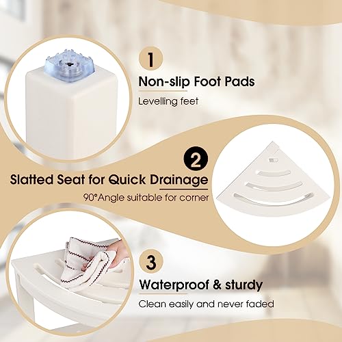 Apolimi HDPE Corner Shower Stool,Shower Bench Seat with Storage Shelf for Shaving Legs Plastic Spa Bath Step Foot Rest for Bathroom Small Place (White) - color: White