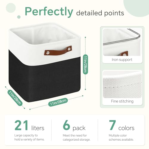 FinishingBo Cube Storage Baskets 6 Pack, 11x11 inch Cube Storage Bins with Leather Handles for Shelf Closet (White/ Black) - color: White/ Black
