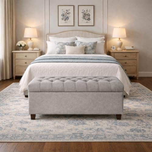 Homepop Home Decor | Tufted Ainsley Button Storage Ottoman Bench with Hinged Lid | Ottoman Bench with Storage for Living Room & Bedroom, Grey - color: Textured Gray