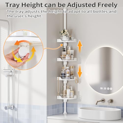 shuang qing 360° Rotating Corner Shower Caddy Tension Pole Organizer - 4-Tier Adjustable Rustproof Metal Pole, Plastic Shelves with Safety Guardrail, Bathroom Storage for Shower & Bathtub(White) - color: White, size: Rotation