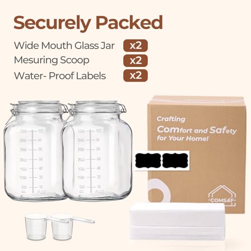 ComSaf 1 Gallon Square Glass Jars with Airtight Lids (135oz, Set of 2), Extra-Wide Mouth Canisters with Measurement Marks for Bulk Flour Storage, Fermenting Kombucha & Pickling - size: 1.1 Gal*2-Wide Mouth