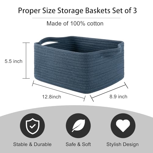 OIAHOMY Cotton Rope Woven Baskets for Storage, Nursery Rectangle Storage Basket with Handles for Shelves, Pack of 3, Blue - color: Blue