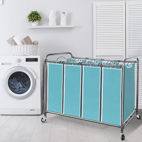 STORAGE MANIAC Laundry Sorter 4 Section, 47.8 Gal (181 L) Laundry Hamper with Wheels, Clothes Divider Basket Sorter, Clothes Separator Hamper Cart with Wheels and Removable Bags, Blue - color: Blue, size: 4 Section