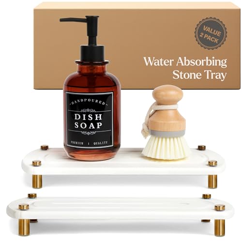 2PCS Water Absorbing Stone Soap Tray for Kitchen Bathroom Sink, Quick Dry Diatomaceous Earth Drying Rack and Shower Caddy, Soap Dispenser and Sponge Holder Organizer for Countertop, TWINKLE MOMENT; Pure White - color: Pure White