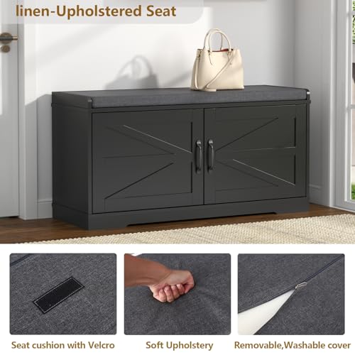 Loomie Shoe Storage Bench, 2-Tier Farmhouse Entryway Bench with Padded Seat Cushion, 13.78" D x 39.37" W x 19.69" H, Slim Shoe Cabinet Bench for Entryway, Living Room, Bedroom (Black) - color: Black
