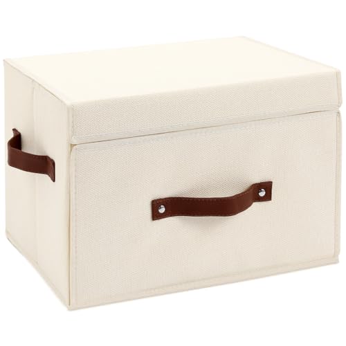 Storage Bins Box with Lids Front Opening Window Decorative Cotton Linen Fabric Basket PU Leather Handles Washable PP Plastic Board Foldable Shelf Closet Organizer Container (Beige, Large) - color: Beige, size: Large ( Pack of 1 )