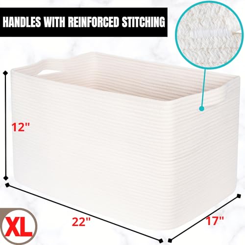 MINTWOOD Design 22in Extra Large Blanket Basket Holder Living Room, Rectangle Rope Woven Storage Basket with Handles for Laundry, Pool Towels, and Shoes, Dog Toy Organizer Bin Box, Creamy White - color: Creamy White