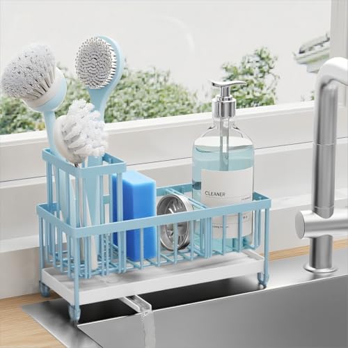 Cisily Sponge Holder for Kitchen Sink, Sink Caddy Organizer with High Brush Holder, Kitchen Countertop Organizers and Storage Essentials, Rustproof 304 Stainless Steel (Blue, 9.25″) - color: Blue