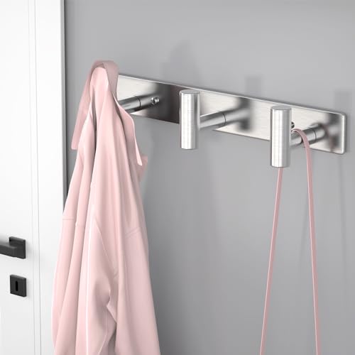 VAEHOLD Silvery Hat and Coat Wall Mount Rack - 3 Hooks for Robes, Bags, Keys, and Towels - Bathroom Towel Hanger Organizer (2 Pack) - color: Silver, size: “T“ Shape 3 Hooks 2 Pack