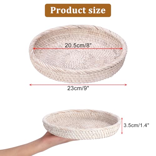 Hipiwe Round Key Bowl for Entryway, 9" Decorative Rattan Tray Woven Wicker Storage Holder Serving Basket Tray for Fruit Snacks Candy, Whitewash - color: Whitewash, size: Small, 8.6"