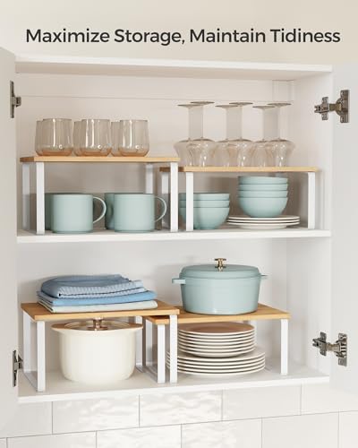 SONGMICS Cabinet Organizer Shelf, Set of 4 Kitchen Counter Shelves, Kitchen Storage, Spice Rack, Stackable, Expandable, Metal and Engineered Wood, Cloud White and Natural Beige UKCS010N01 - color: Cloud White + Natural Beige, size: 11.7"W