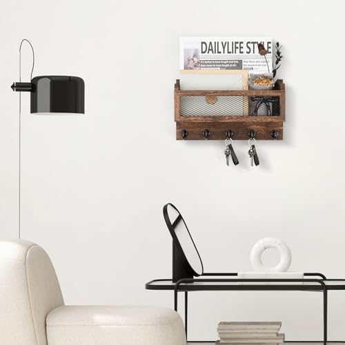 Nekon Mail and Key Holder for Wall Decorative, 11 Inch Wooden Wall Key Organizer with 5 Key Hooks, Wall Mount Storage Shelf for Entryway Hallway (Brown) - color: Brown