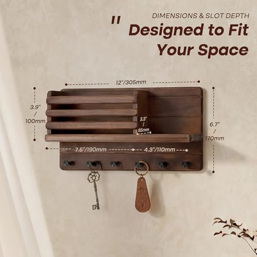 Rebee Vision Pine Wood Key Holder Wall Mount - Farmhouse Mail and Key Holder for Wall with Floating Shelf & 6 Hooks - Decorative Mail Organizer with Round Corner for Home Decor (Brown) - color: Brown