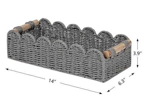 CubesLand Scalloped Edge Toilet Paper Storage Basket, Living Room Home Cozy Decor Basket, Paper Rope Small Baskets for Over Toilet Storage Shelf, End Table, Shelves, with 2 Wooden Handles, Grey - color: Grey, size: M - 14"L x 6.3"W x 3.9"H