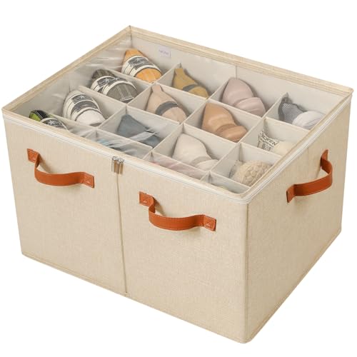 TOPIA HOME Shoe Organizer for Closet, Foldable Shoe Box with Adjustable Dividers and Clear Cover, Space Saving Shoe Storage Organizer Cabinet with Reinforced Handles, Fits 16 Pairs TP09J - color: Jute, size: Large(20.87''L x 16.54''W x 13.5''H)