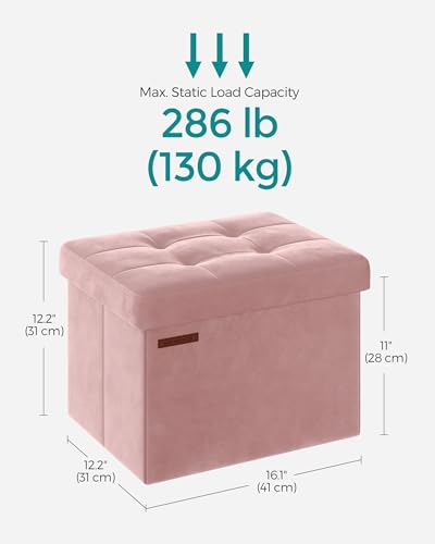 SONGMICS Storage Ottoman, Foldable Small Ottoman Foot Rest, 12.2 x 16.1 Inches Foot Stool, Load up to 286 lb, for Living Room, Bedroom, Dorm, Jelly Pink ULSF200R01 - color: Jelly Pink, style: Velvet
