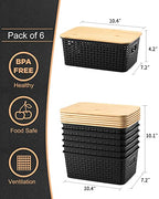 AREYZIN Storage Bins with Bamboo Lids Set of 6 Lidded Storage Container Plastic Baskets Organizer Bins for Organizing Kithen Room Bedroom Office Closet, Sturdy(Black)