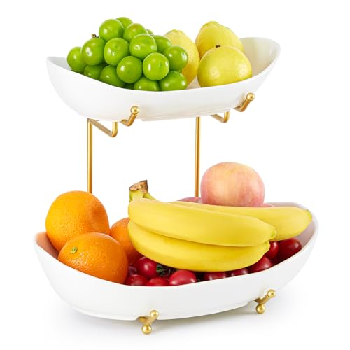 2 Tier Ceramic Fruit Bowl for Kitchen Counter, Tiered Fruit Basket for Countertop, Modern Multi Layer Fruit Display Stand for Party, Cute (Gold&White, Large) - color: Gold&White, size: Large