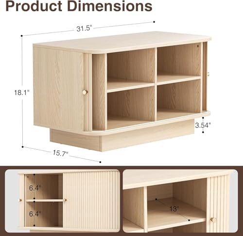 AKMAKM 31" Shoe Storage Bench Dark Oak Entryway Storage Bench with Sliding Doors, Padded Cushion and 5 Metal Wall Hooks for Hallway, Living Room - color: Oak, size: 31 W